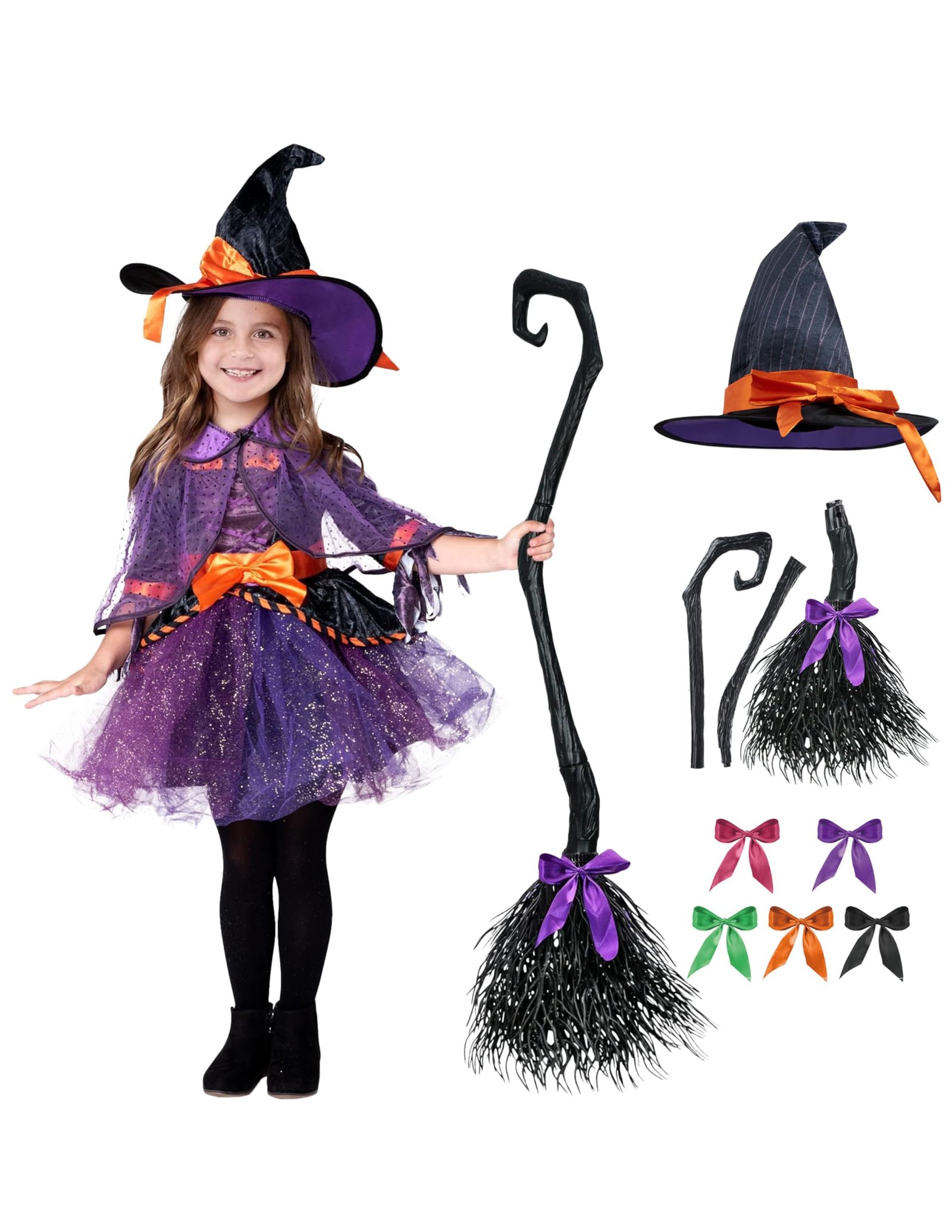 Spooktacular Creations Child Girl Orange Purple Witch Costume, Toddler Witch Outfit Set with Broom for Kids Halloween Party
