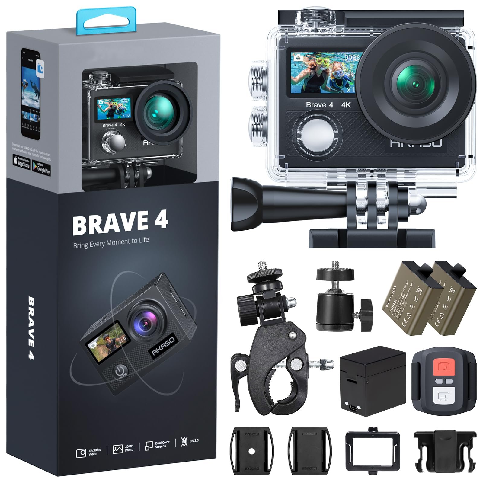 AKASO Brave 4 Action Camera 4K30 Ultra Hd Waterproof Underwater Camera | 20MP EIS WiFi Remote Control 170° FOV 5X Zoom Sport Camera for Snorkel Travel with Bicycle Helmet Motorcycle Accessories Kit