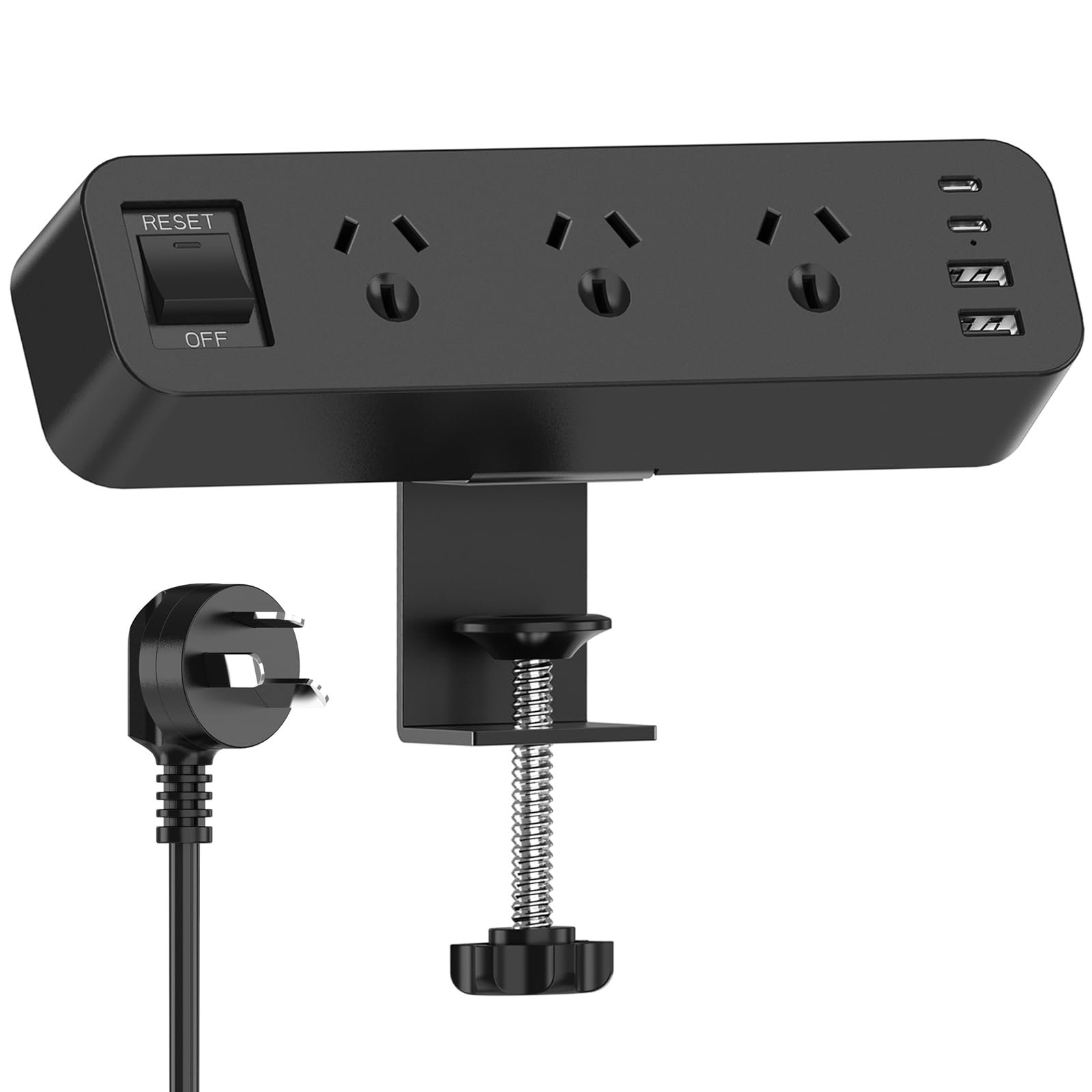 Yundian Desk Power Board with Desk Clamp, Power Strip USB Surge Protector, 3 AC Outlets, 2 USB C, 2 USB A, 2M Extension Cord, 10A/2500W, Desktop Clamp Power Strip Switch for Home and Office - Black