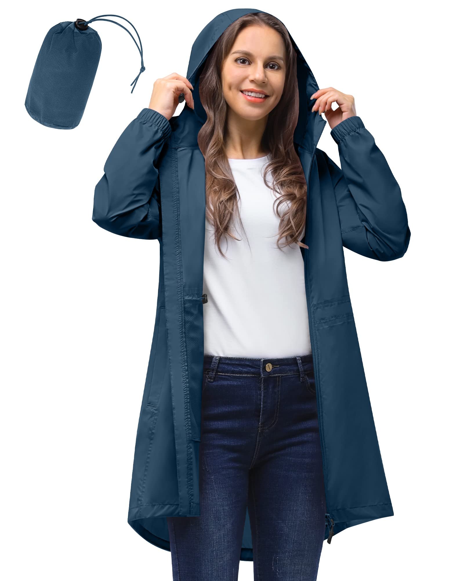 ft Women's Rain Jacket Lightweight Hooded Long Windbreaker Waterproof Jacket Ladies Packable Functional Coat 33,000