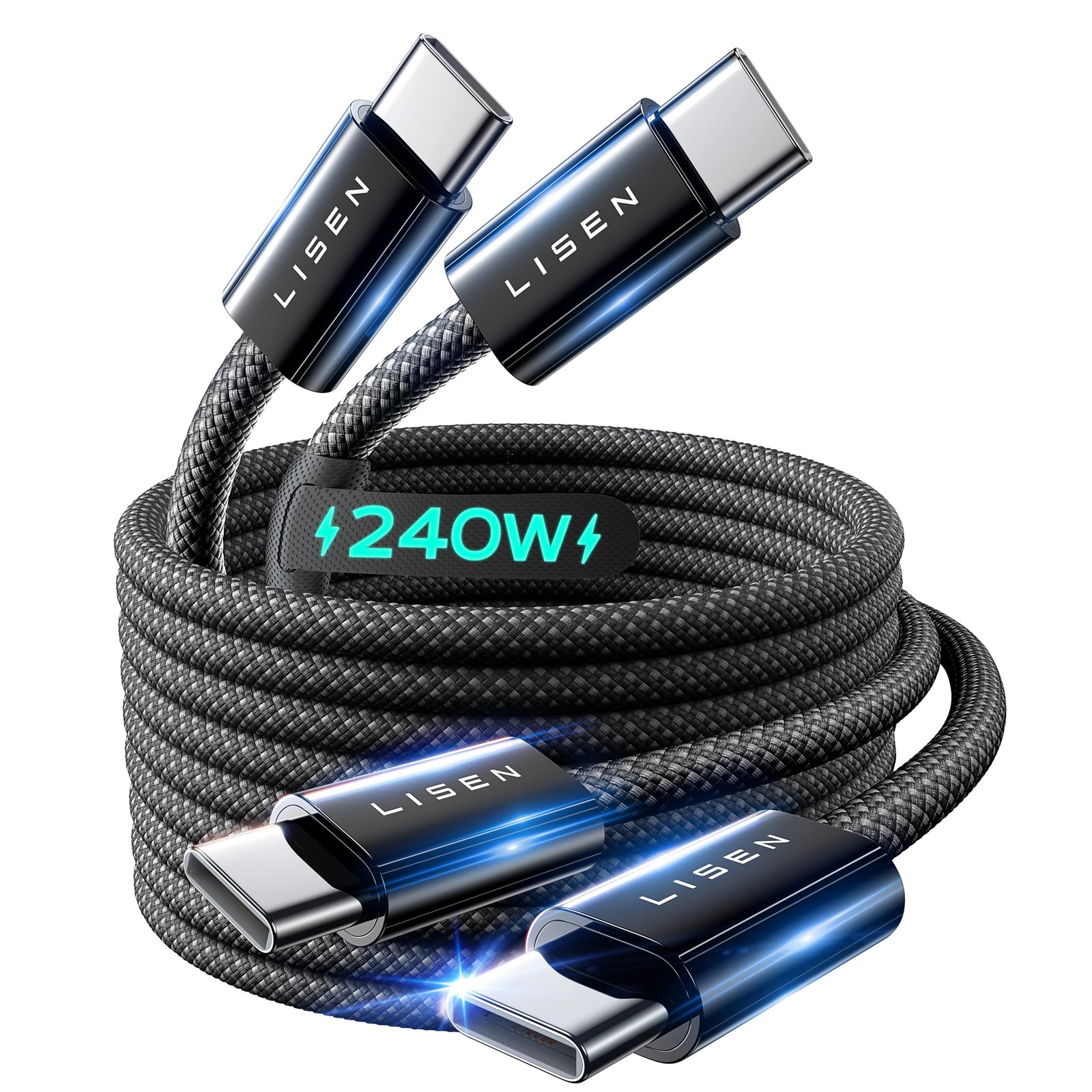 LISEN 2 Pack 240W USB C to USB C Cable 2M PD Fast Charging Type C Charger | USB2.0 480Mbps USBC to USBC Cable for iPhone DUO 18 Pro max MacBook iPad Matebook Chromebook Pixel Galaxy S26 Black-2Pack-2M