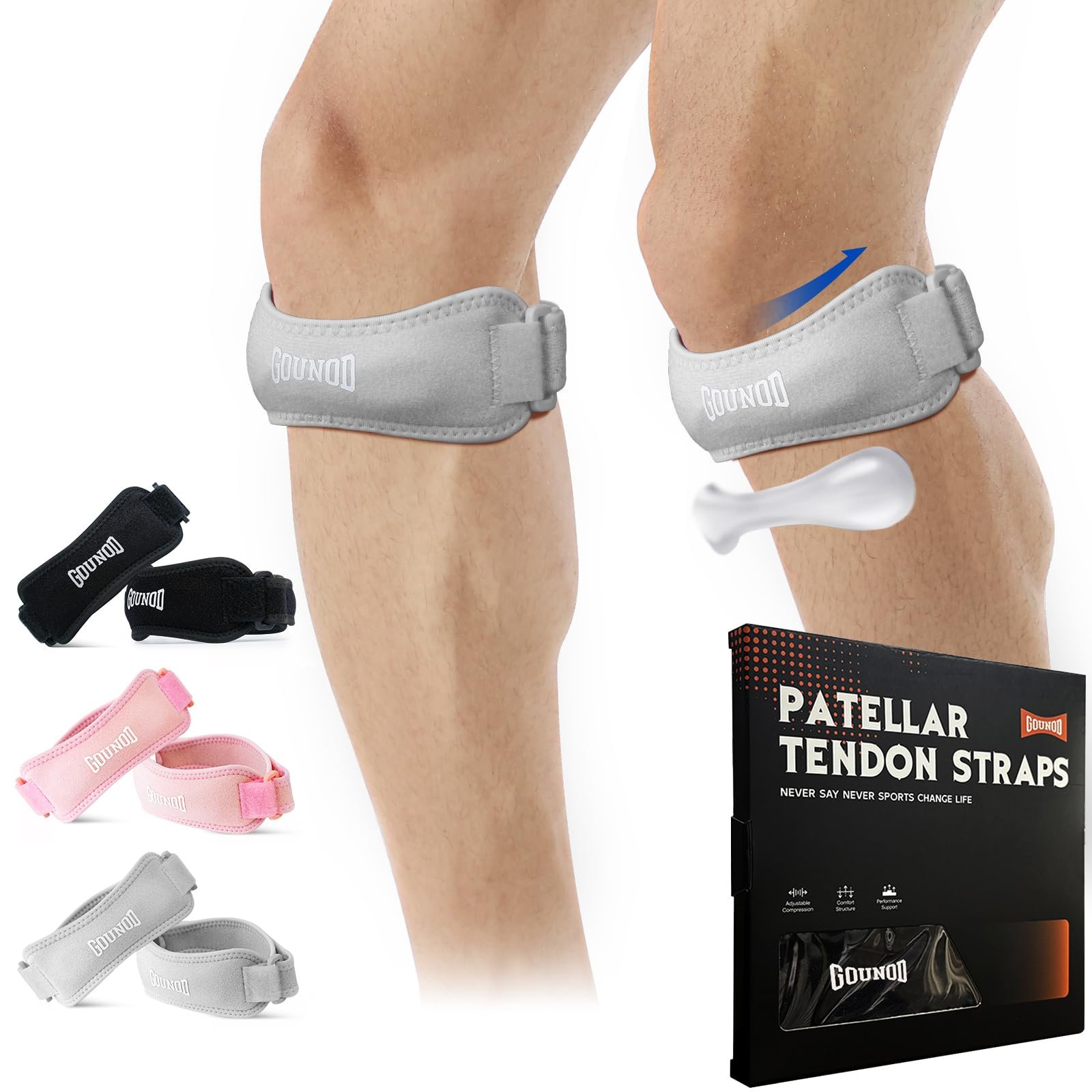 GOUNOD Patella Knee Strap 2 Pack, Knee Brace Support for Knee Pain Relief, Adjustable Patellar Band for Hiking, Volleyball, Soccer, Basketball, Running, Jumpers Knee Squats (Grey)