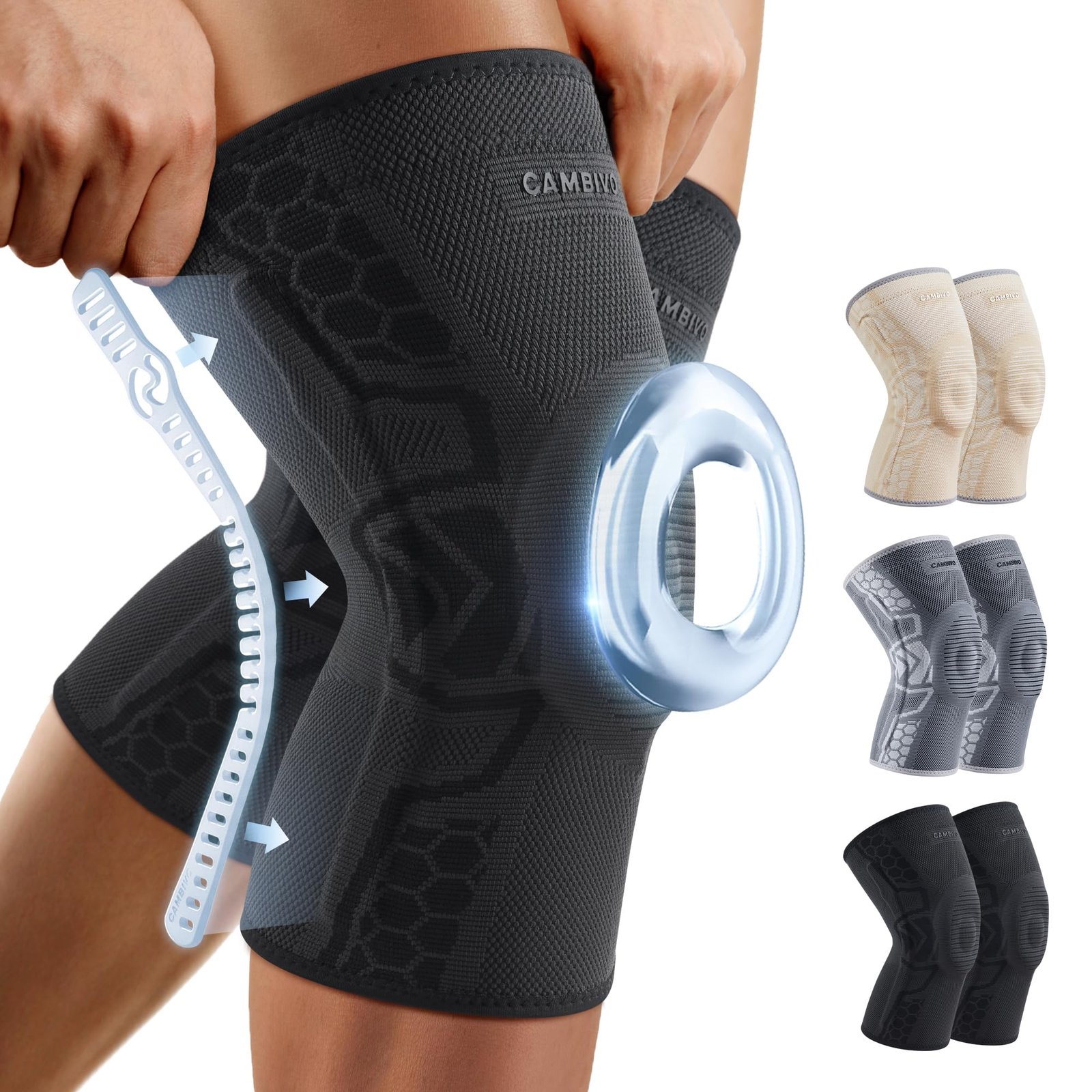 CAMBIVO 2 Pack Knee Brace for Men and Women, Knee Sleeves for Men with Patella Gel Pad and Side Stabilizers, Knee Compression Sleeves for Knee Pain Relief, Running, Workout, Daily Use (Black, X-Large)