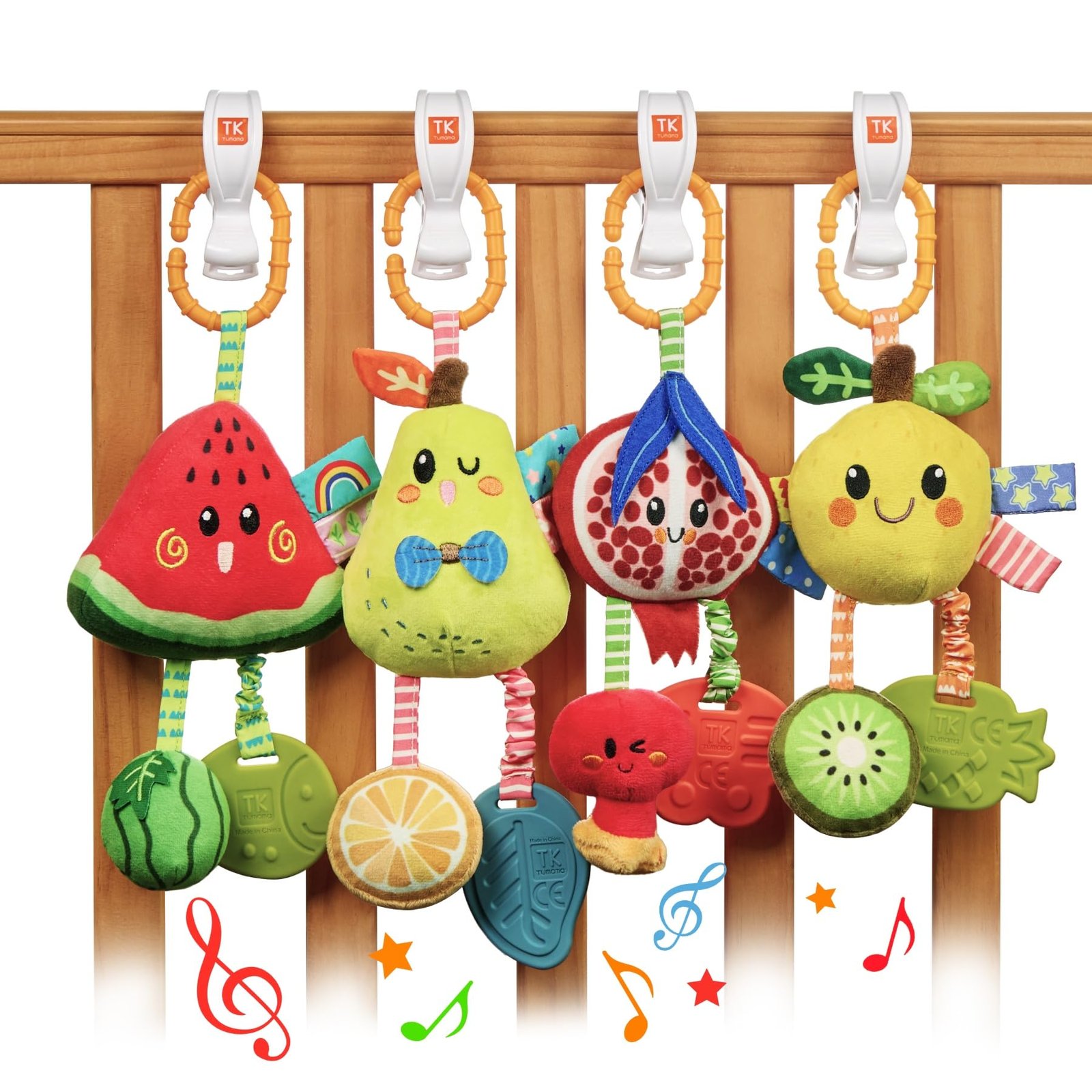 TUMAMA Baby Hanging Rattle Toys 4 Pack Fruit Soft Sensory Set for Car Seat Stroller Mobile 0 3 6 9 12+ Months
