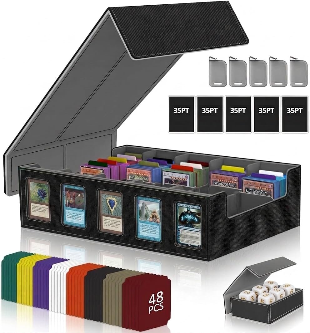Row 3900+ Trading Card Storage Box with Commander Display | Magnetic Closure Removable Lid, with 5 Toploaders, 5 Stoppers, 48 Dividers, 1 Dice Tray, Ideal for MTG TCG PTCG Sports Card 5