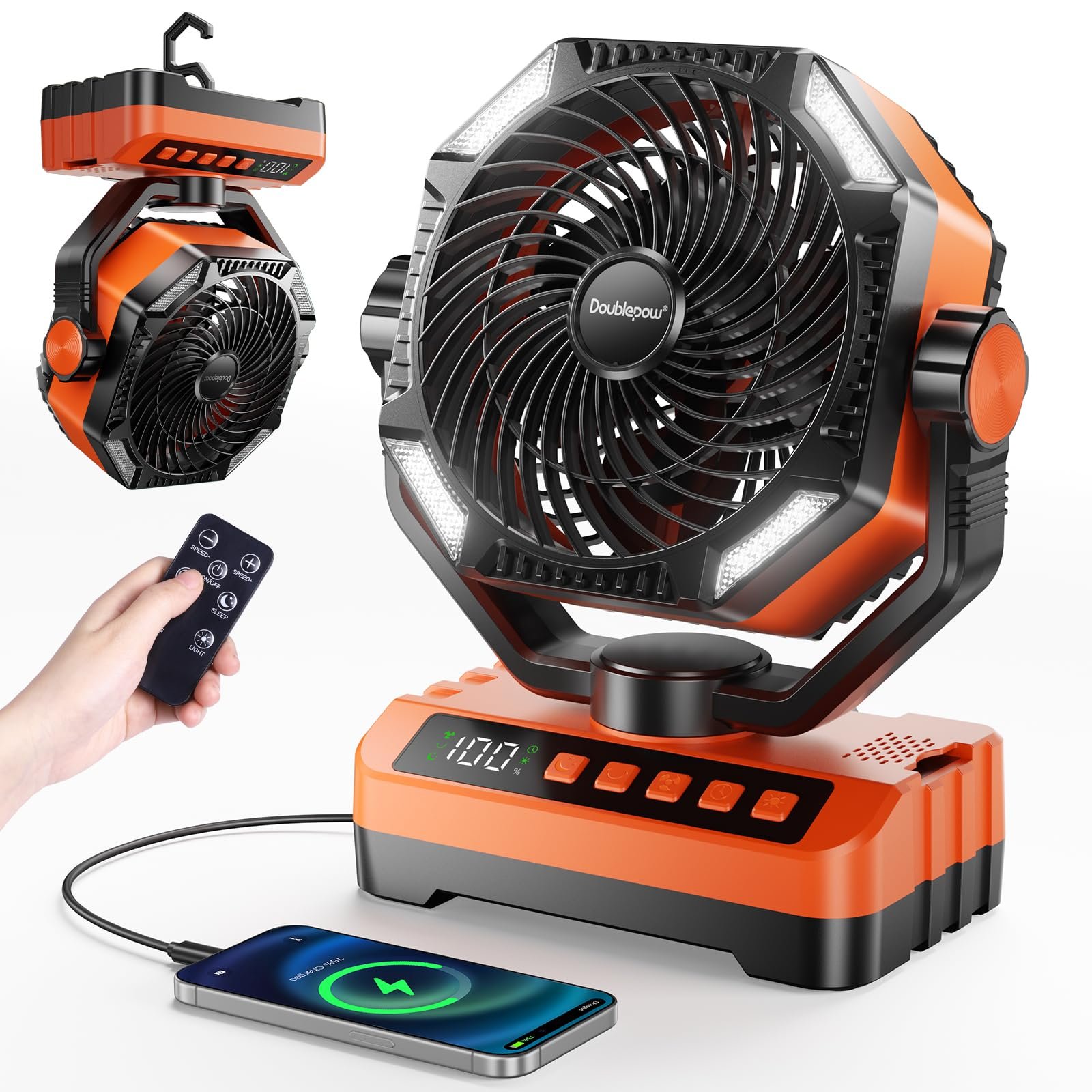 mAh Camping Fan with LED Light, Rechargeable Portable Table Fan, Upgrade with Remoter & Hook Auto-Oscillating Digital Display 5 Speeds & Timer, Tent Fan, for Outdoor, Travel, Picnic, Power Outage 20000