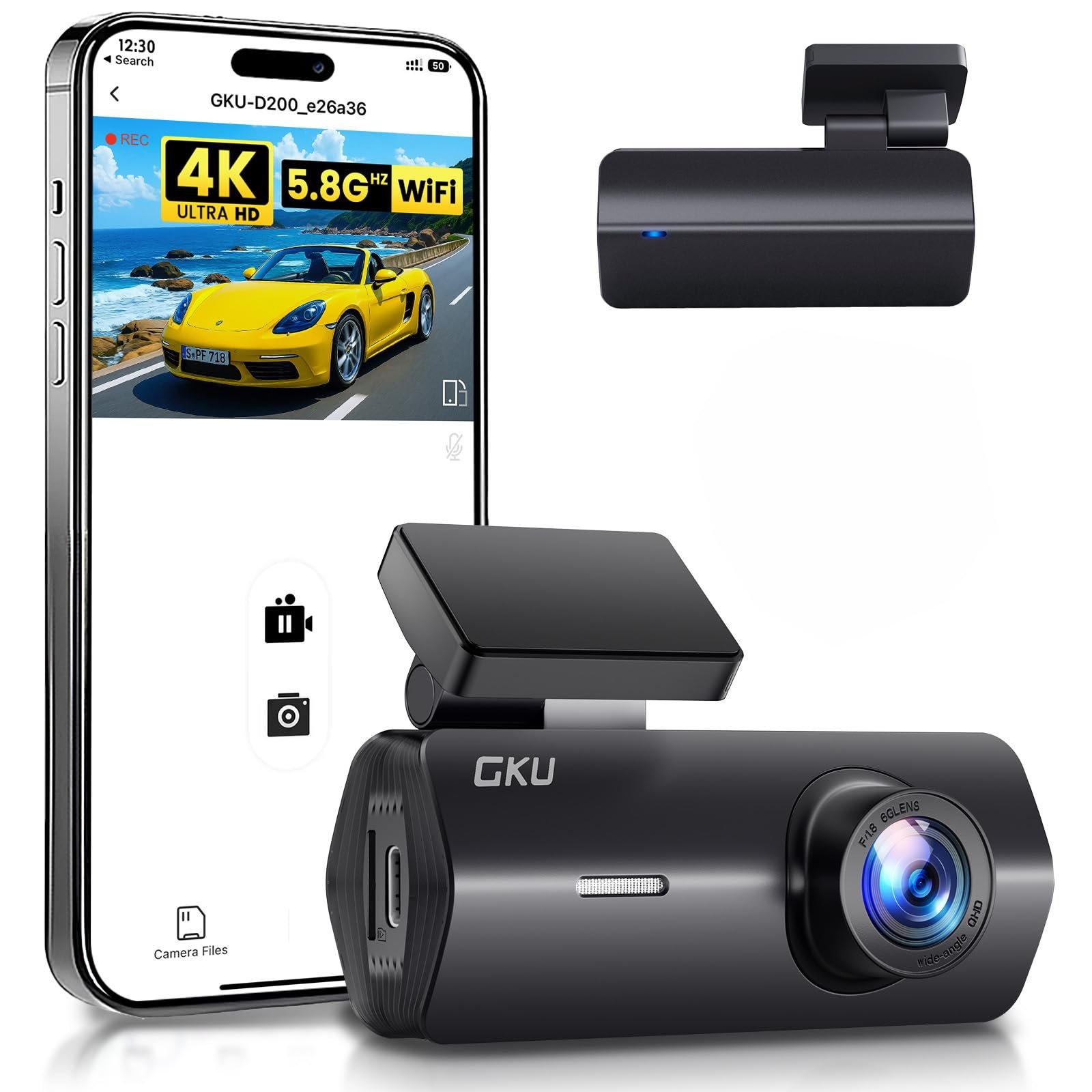 GKU 4K Dash Cam, 5.8GHz WiFi DashCam,Dash Cam Front with UHD 2160P | 24H Parking Monitor,Night Vision,WDR,170° Wide Angle,Loop Recording,G-Sensor,Max 256GB（No SD Card）