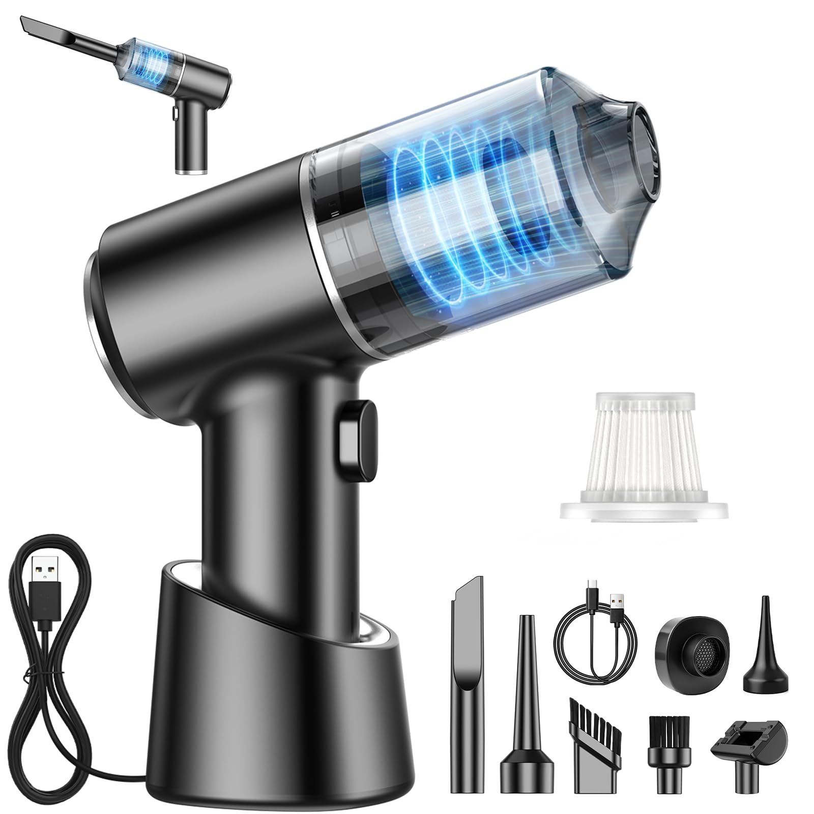 Car Vacuum Cleaner, Cordless 22000Pa with Charging Base, Brushless Motor | Blower, inflator and air extraction, USB-C charging, 2 HEPA filters, for car interiors, home and office