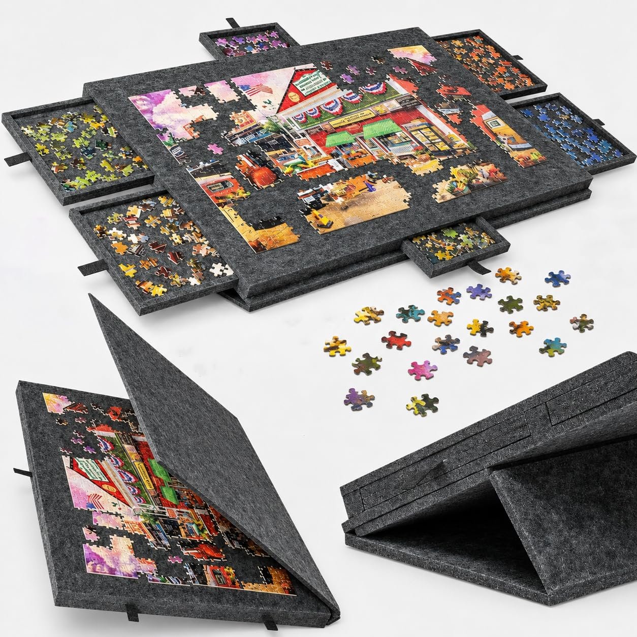 Tilting Puzzle Board with 2-in-1 Designed Stand & Cover for Up to 1000 Pieces, Lightweight Felt Puzzle Boards with 6 Drawers, Portable Foldable Jigsaw Puzzle Table with 3-Tilting-Angle