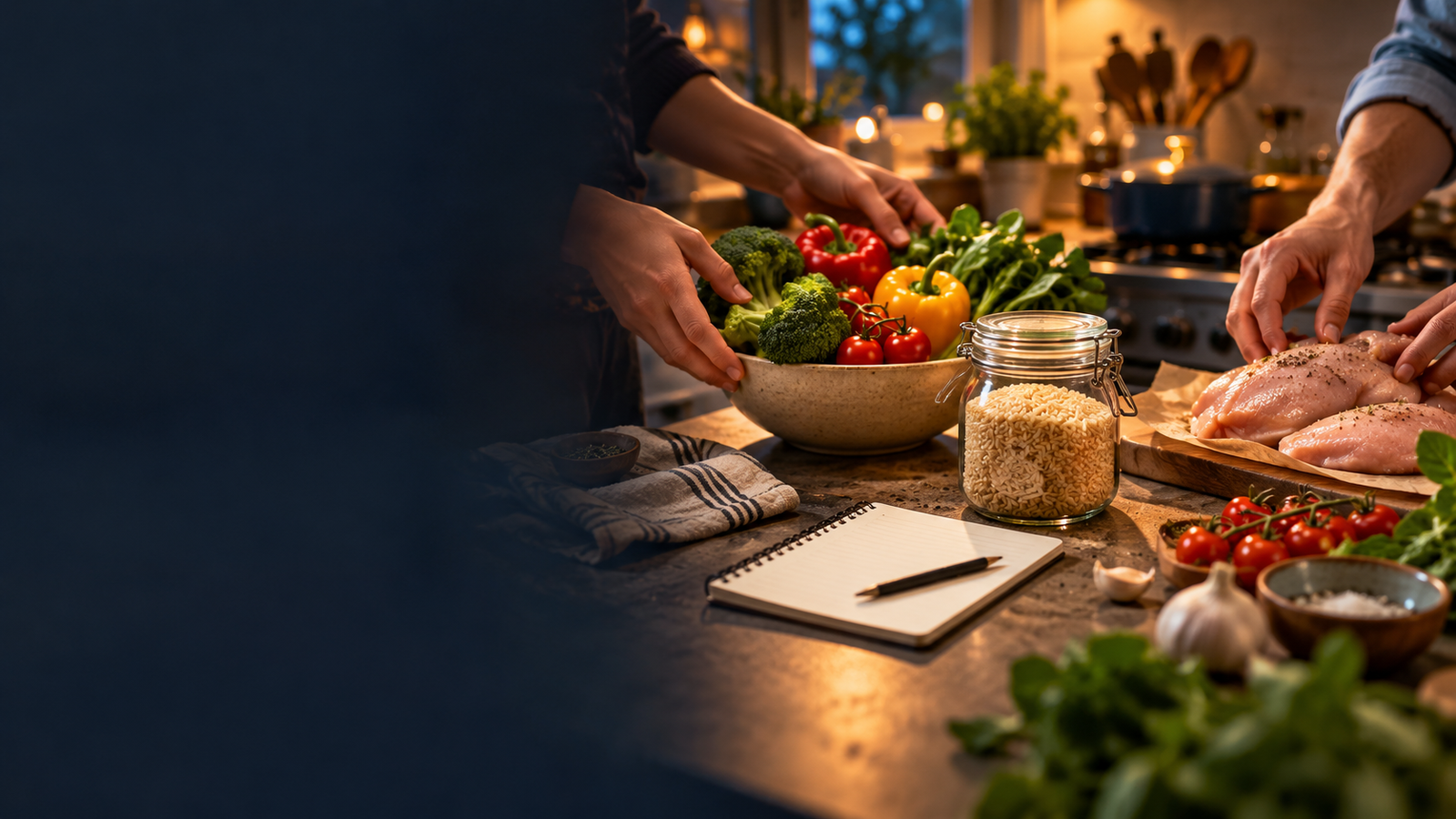 Illustrative dinner plan: hands preparing fresh ingredients beside a weekly meal list.