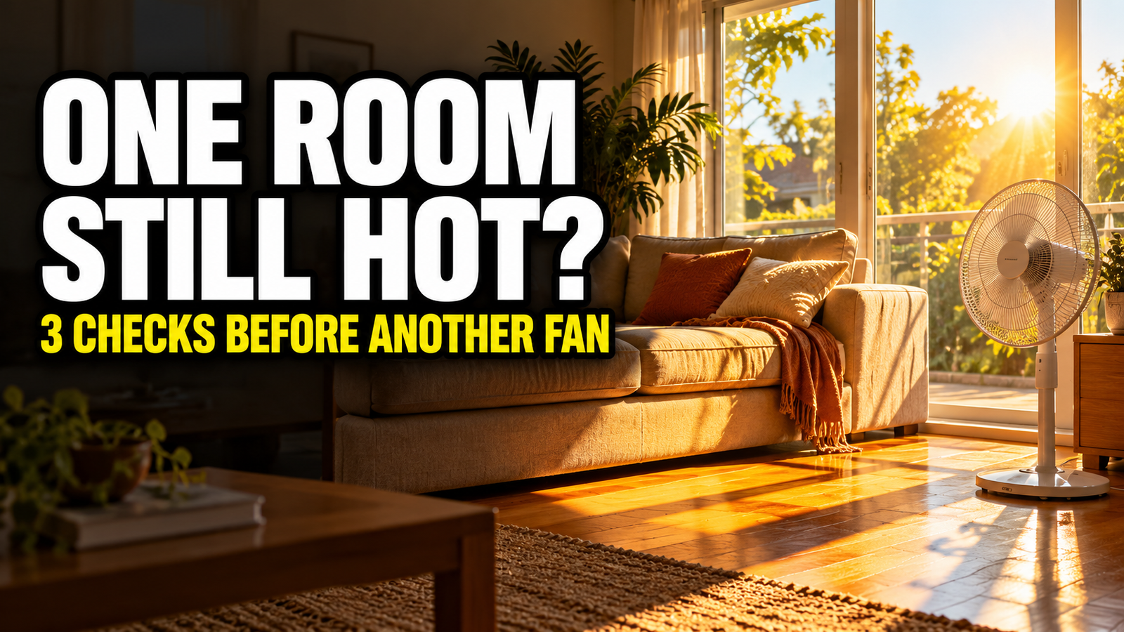 AI-generated illustration of a sunlit living room with a fan; headline: One Room Still Hot? 3 Checks Before Another Fan.