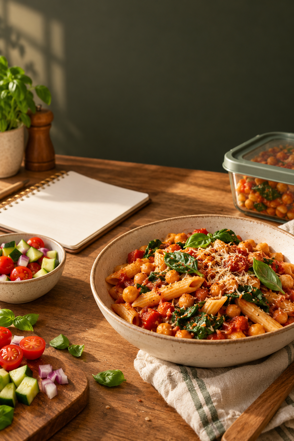 Illustrative meal-planning cover showing a kitchen scan and flexible dinner planner; not a cooked dish or product photograph.