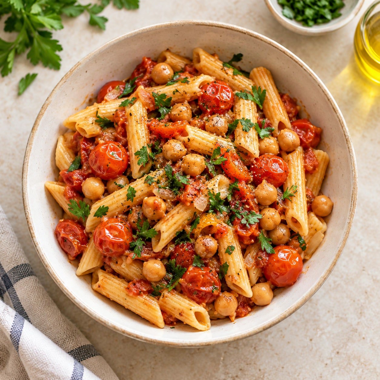 Illustration of a tomato and chickpea pasta dinner idea; not Taste photography or a Vyonetix cooking test.