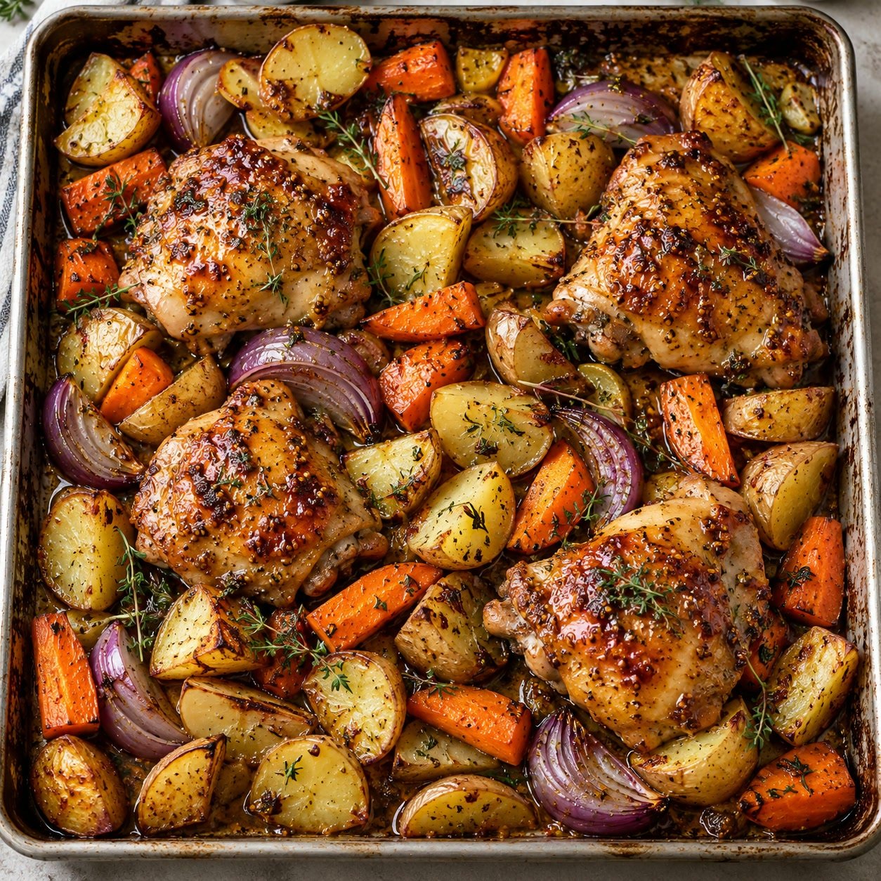 Illustration of a chicken and vegetable tray bake; not Taste photography or a Vyonetix cooking test.