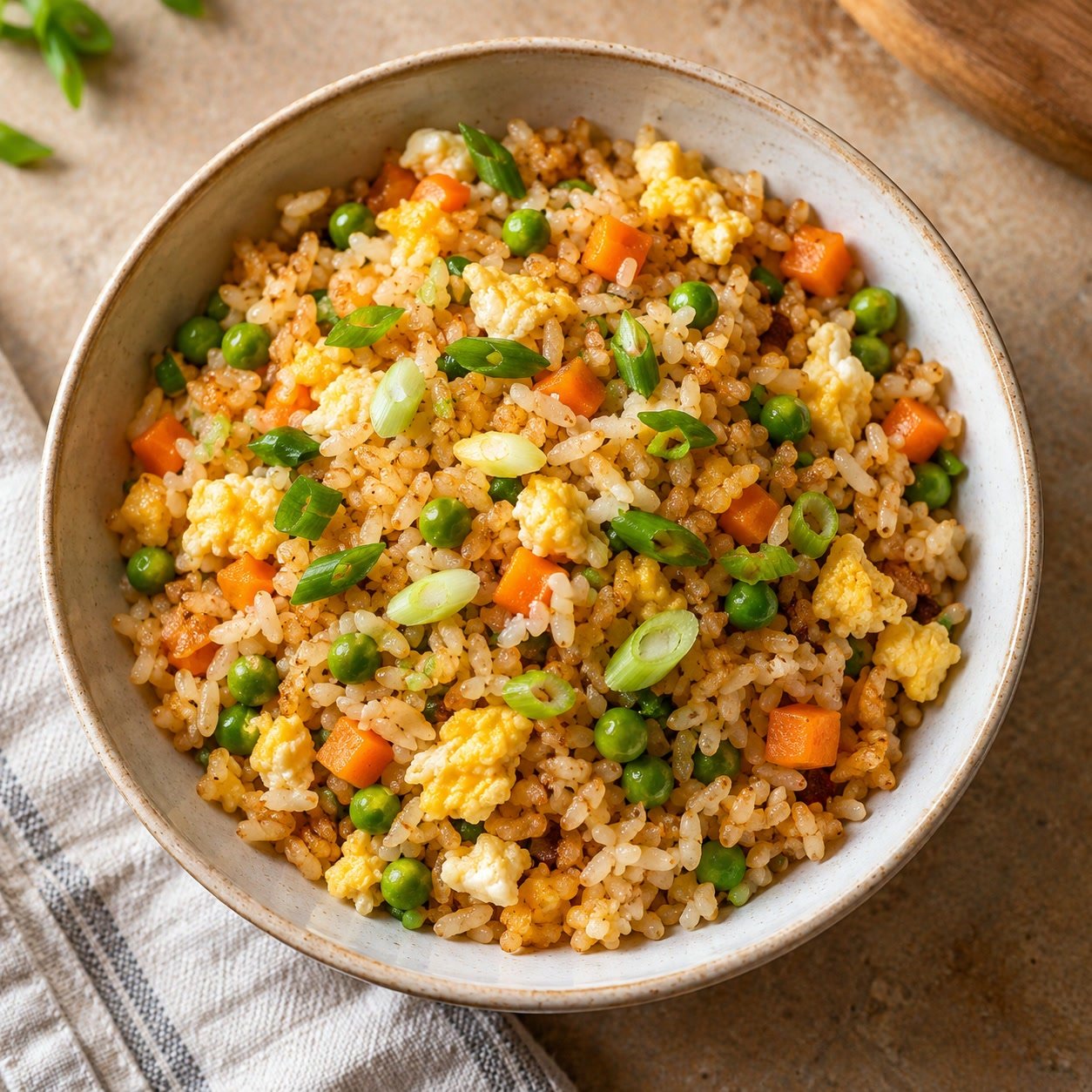 Illustration of a vegetable fried-rice dinner idea; not EatingWell photography or a Vyonetix cooking test.